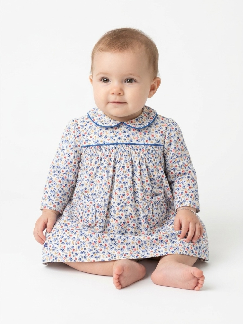 Ralph Lauren Baby Dress Smocked Peter Pan Collar Floral White Blue 6M